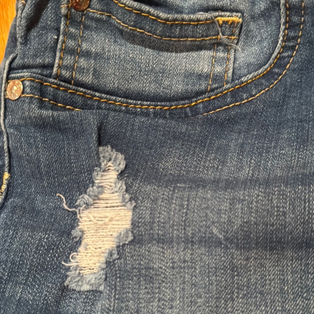 Denim Maternity Shorts L Distressed stretch full panel holes frayed raw hem 12 - Picture 2 of 4